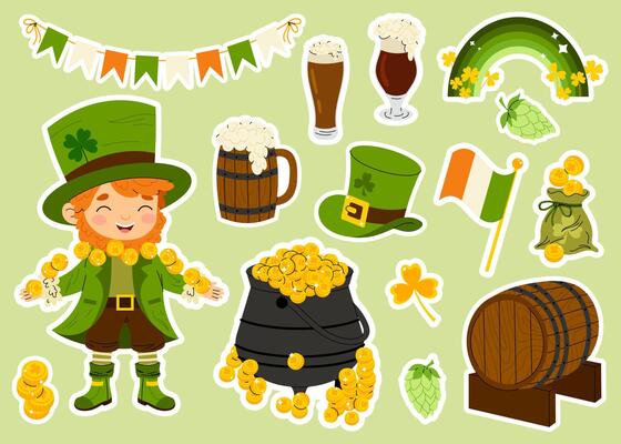 Set stickers for St. Patrick's Day. Glasses of beer, cauldron gold, clover, flags, coins. Leprechaun mythical character. Flat illustration isolated on white background.