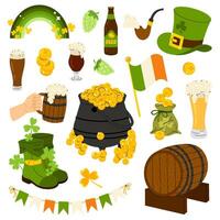 Set illustrations glass beer, Irish flag, barrel, cauldron gold, boot, rainbow, gold. St. Patrick Day. Isolated on white background. vector