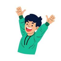 Happy boy rejoicing and smiling. Man with his hands up in the air. Flat illustration on white background. vector