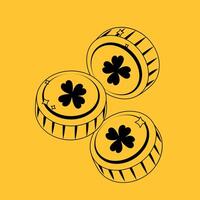 Gold coin set. Black and white coins with clover badge vector
