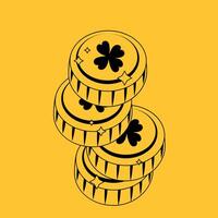 Line coin illustration. Gold coin set. Black and white coins with clover badge on coloured background. vector