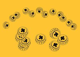 Set black and white coins with clover badge on coloured background. Line coin illustration. Gold coin. vector