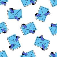 Seamless pattern with blue email envelopes and arrows. Perfect for digital communication, online messaging, and mailing service designs. vector