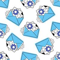 Seamless pattern with blue email envelopes and gear icons. Ideal for automation, marketing, and digital communication themes. vector
