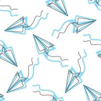 Seamless pattern with blue paper airplanes and flight trails. Perfect for travel, adventure, dreams, and childhood themes. vector