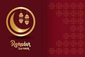 Ramadan greeting card on red background. Illustration of Ramadan Kareem with lantern and ornament pattern. vector