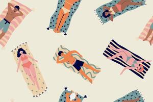 Seamless pattern with women and men lying on towels and sunbathing. Summer backdrop with relaxing people. illustration for fabric, print, cover. vector