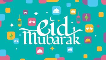 Eid Mubarak Calligraphy Banner With Simple Colorful Icons Concept vector