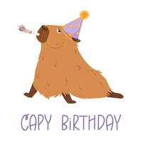Cartoon capybara character design for mascot, stickers, print, birthday cards. Capybara with party hat, party blow. Amusing capibara character vector