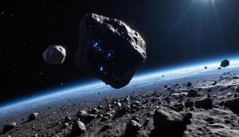 Exploration of Asteroids in Deep Space With Shimmering Stars and Planet Earth Visible photo