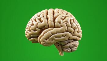 Detailed Model of Human Brain Showcasing Structure and Complexity Against a Bright Green Background photo