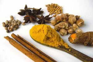 Assortment of Various Aromatic Spices Including Turmeric, Star Anise, cardamom, pepper, coriander and Cinnamon photo