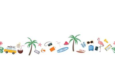 Horizontal summer travel pattern featuring tropical elements, adventure icons, and holiday vibes vector