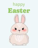 Cute Easter bunny in a simple outline style with pink cheeks, green Happy Easter text, and a light blue background vector