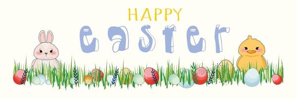 Happy Easter horizontal banner with a cute bunny and duck in grass, colorful eggs around, flat outline cartoon style vector