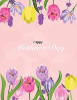 Beautiful flower adorned banner with colorful tulips, crocuses, and lavender, perfect for Mothers Day vector