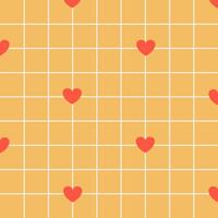 Yellow psychedelic wavy checkerboard, warped geometric grid. Groovy 70s texture, fluid movement, hippie abstract pattern, hearts. vector