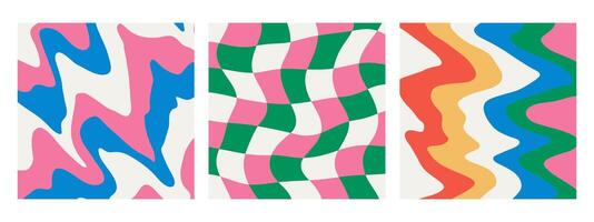 Set of colorful trippy backgrounds, retro y2k aesthetic. Wavy distorted grids, abstract geometric checkerboard, playful hippie patterns. vector