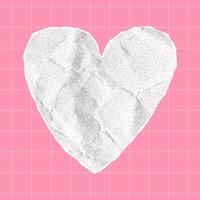 Crumpled white paper heart on pink checkered backdrop, gritty texture with jagged torn edges, halftone sticker, love and romance design element vector