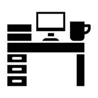 A black and white image of a desk with a computer and a cup vector