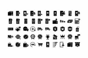 50 black icons for ecommerce, suitable for web and digital designs, presentations, infographics, and marketing materials. vector