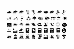 50 black and white weather icons for various weather conditions, perfect for weather apps, websites, publications, and graphic design projects. vector