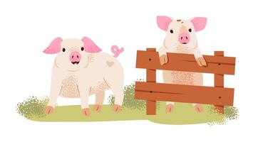 Little playful piglets near the fence. Farm cute animals. Flat illustration. vector