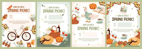 Spring picnic party invitation template set. Picnic baskets filled with goodies against a vibrant spring backdrop. Flat illustration. vector