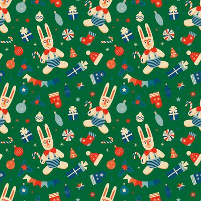 vintage Christmas pattern with Rabbits and Christmas decorations