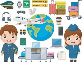 Cute pilot and stewardess kid with element collection vector