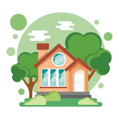 House with trees and bushes on a white background