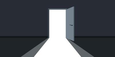 An open door in a dark room with a white light vector