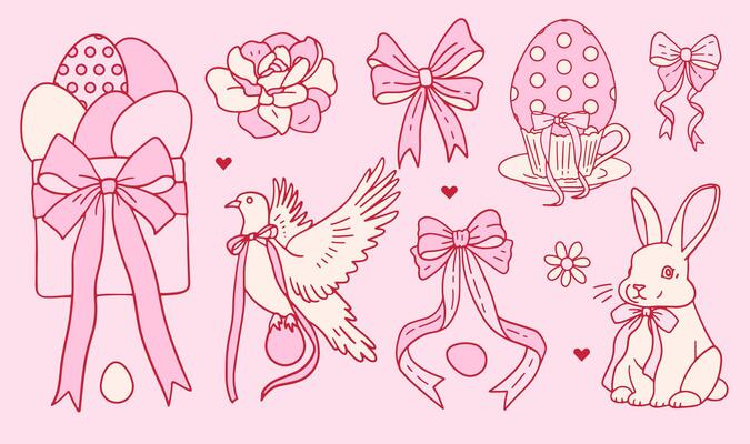 Set of doodle hand drawn elements for Easter in coquette style. Cute pink girly bunny, bows and ribbons, flower and dove, eggs. Cottagecore style. Vintage whimsical contour illustration.