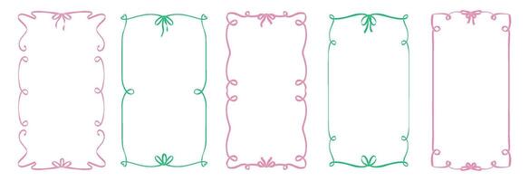 Elegant trendy Frames set, Hand Drawn pink and green Borders with bows for Wedding Invitation, Whimsical frames for birthday card, Squiggly and Wavy Borders. Minimalist line art. Flat design vector