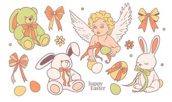 Elegant Easter set with painted eggs, rabbits, angel, flowers with bows. Easter and spring elements. illustration in flat contour style vector