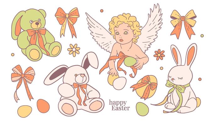 Elegant Easter set with painted eggs, rabbits, angel, flowers with bows. Easter and spring elements. illustration in flat contour style