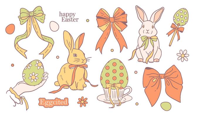 Easter hand drawn sweet coquette set of bunnies, eggs, bows, flowers and hand in vintage dolce vita cute style. Vintage pastel colors illustrations, banners, posters and greetings cards