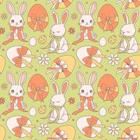 Easter seamless pattern with rabbit bunny, eggs with coquette bows for greeting card, banners, web, wrapping paper, fashion, fabric, textile, wallpaper, cover. Contour illustration, vector