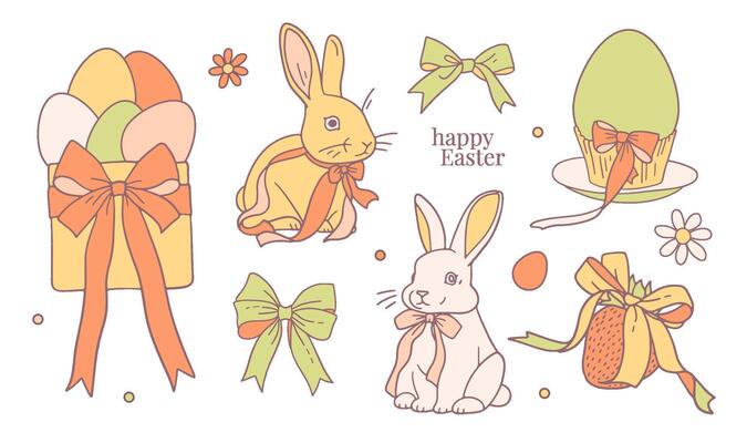 Coquette Easter set with hand drawn minimal line art illustrations. Cute bunny, rabbit, eggs strawberry with satin bows and ribbons. Easter cards, gifts, and decorations.