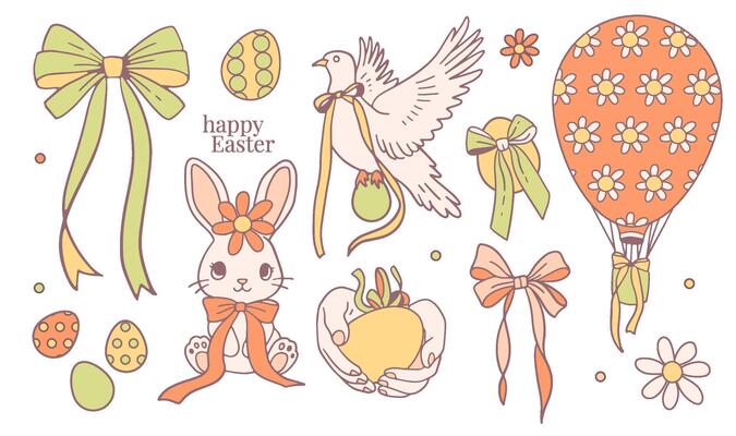 Happy Easter coquette elements set, doodle hand drawn rabbit, dove, egg shaped balloon with cute satin ribbon bows. Spring holiday painting eggs, seasonal print. Contour illustration.
