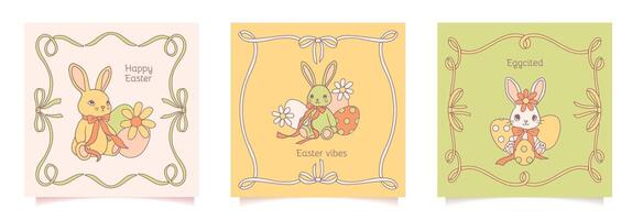 Happy Easter set of square cards, posters or covers in modern minimalist coquette style with ribbon frames, eggs and rabbit with bows. Trendy cute templates for social media ads or invitations vector