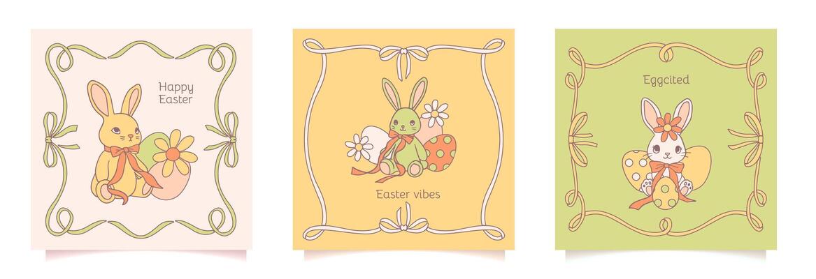 Happy Easter set of square cards, posters or covers in modern minimalist coquette style with ribbon frames, eggs and rabbit with bows. Trendy cute templates for social media ads or invitations