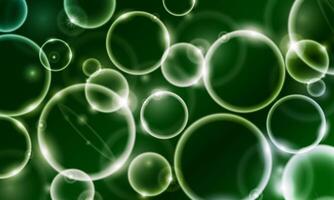 Soap bubbles float on green water background. soft artistic glowing circles. vector