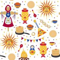 Russian Masnenitsa or Shrovetide. Set of design elements - slavic sun, pancakes, scarecrow, samovar, matryoshka. Colorful seamless pattern for print vector