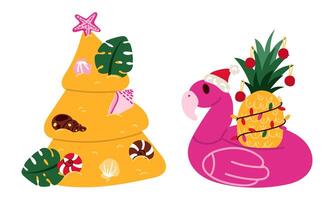 set of Christmas tree made of sand and an inflatable flamingo with a pineapple. All are decorated with tropical decorations with Christmas motifs. On a white. Merry Christmas in the tropics. greeting vector