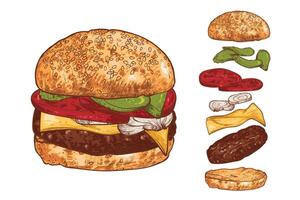 yummy burger line art hand drawn and colored with pickles, tomatoes, cheese, onions, mayo, ketchup, bread bun and meat. Ingredients are grouped separate. Flying ingredients on white background vector