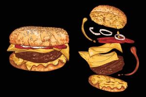 hand drawn cheese burger. Ingredients are grouped separate and are tomatoes, onions, cheese sauce, meat, crispy bub. Flying separate ingredients. vector
