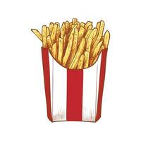 Hand drawn side view french fries. Tasty yellow orange crispy fries in a red and white striped box with outline, fill, details in separate groups. This asset is ready to use and easy to edit. vector