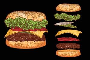 ham burger line art hand drawn fast food with lettuce, cucumber, cheese, onion, minced meat, bread bun. Flying separate ingredients on black background. vector