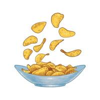 Hand drawn side view chips in a bowl. Crisps with outline, fill, details in separate groups. This asset is ready to use and easy to edit. vector